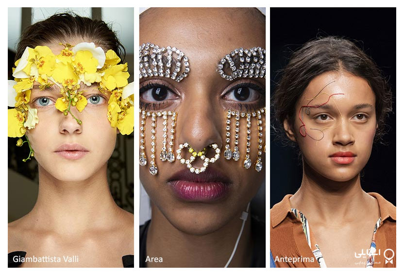 ترندهای آرایشی بهار و تابستان 2020: تزئین صورت با سنگ‌های تزیینی، گل و نخ